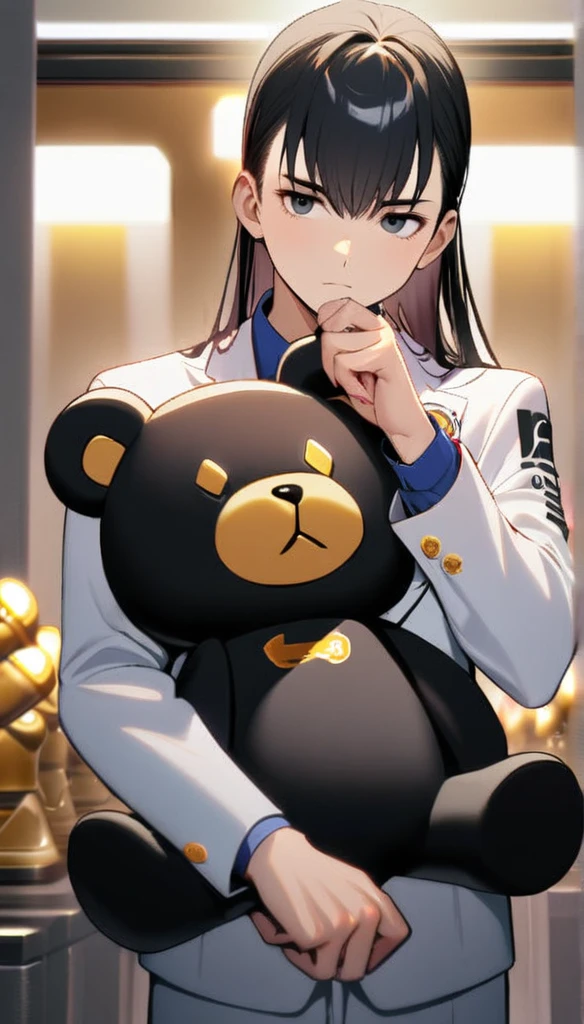 1boy , one side blue one side black eyes ,black and pink long straight hair,,white blazer with logo,one black teddy bear, one golden teddy bear