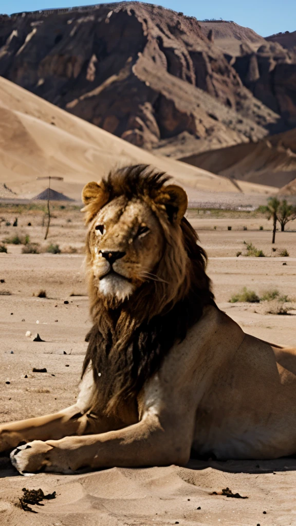 A man set on the lion in the desert 