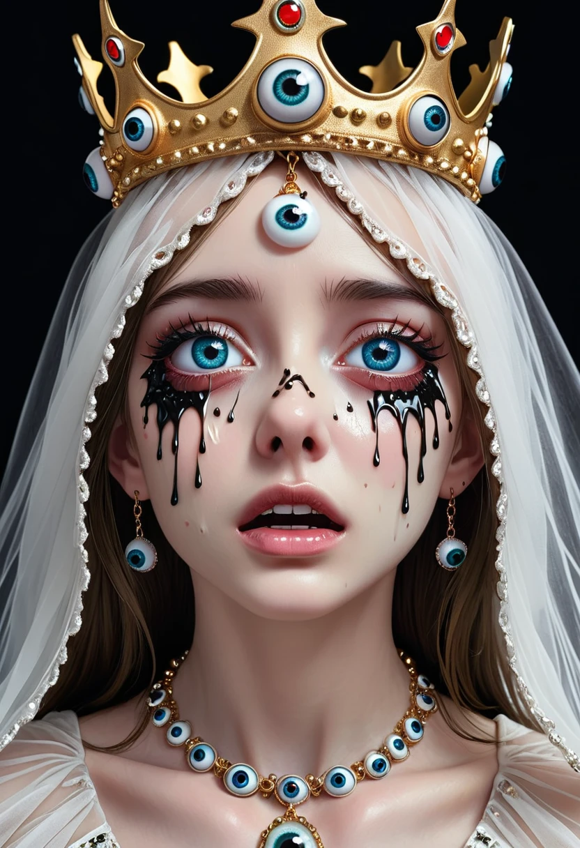 Grotesque Aesthetics：Girl with extra eyes，Tears，There are many eyeballs growing on the skin of the face，Eyeball Necklace，Eyeball Crown，Realistic eyeballs，teeth，Distorted face， Solitary，black background，crown，veil，Hands touch your face，3D eye bead necklace，
