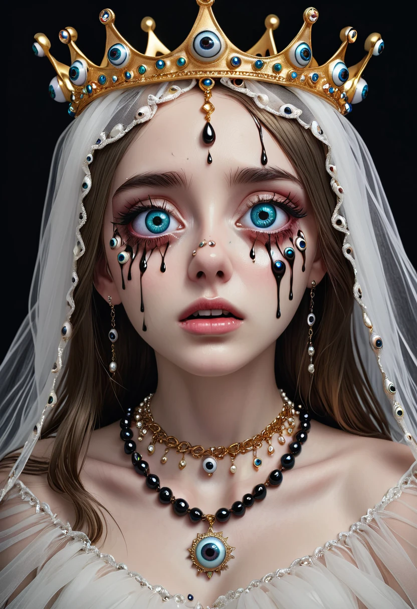 Grotesque Aesthetics：Girl with extra eyes，Tears，There are many eyeballs growing on the skin of the face，Eyeball Necklace，Eyeball Crown，Realistic eyeballs，teeth，Distorted face， Solitary，black background，crown，veil，Hands touch your face，3D eye bead necklace，
