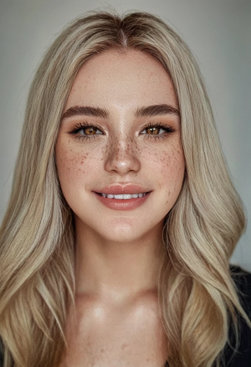 beautiful lady, (freckles), big smile, brown eyes, long hair, dark makeup, hyperdetailed photography, soft light, head and shoulders portrait, cover, blonde hair, supermodel face 