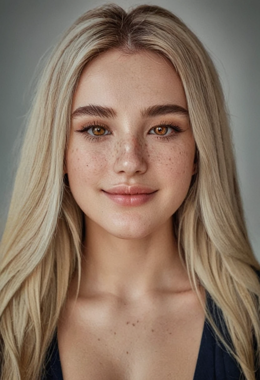 beautiful lady, (freckles), big smile, brown eyes, long hair, dark makeup, hyperdetailed photography, soft light, head and shoulders portrait, cover, blonde hair, supermodel face