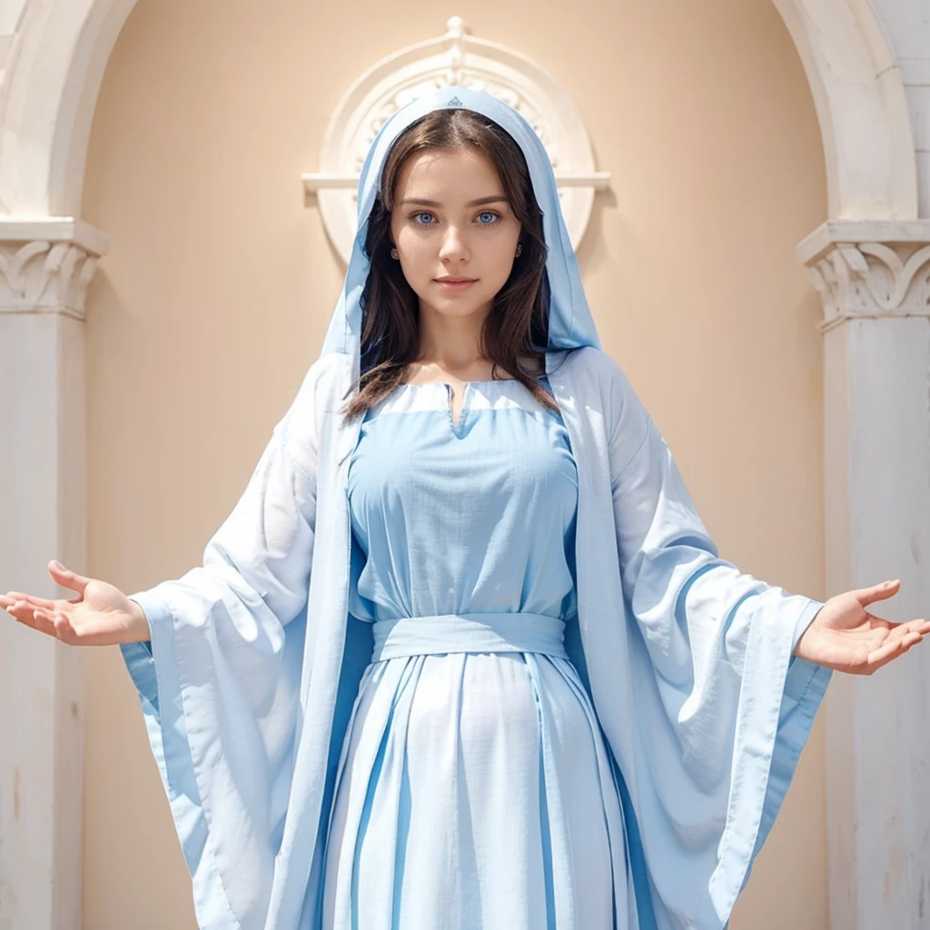 Beautiful woman with open arms, detailed light blue eyes, wearing a blue tunic with wide, long sleeves adjusted at the waist by an interlaced white sash