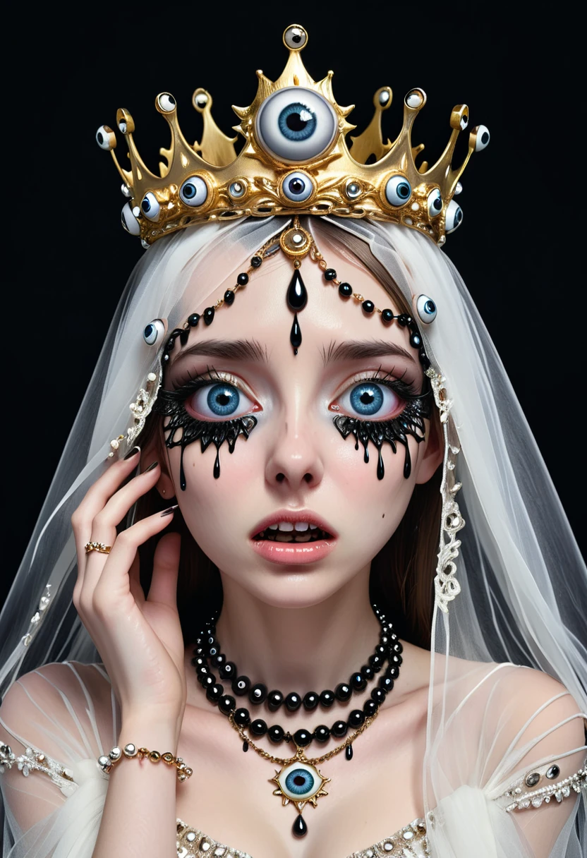 Grotesque Aesthetics：Girl with extra eyes，Tears，There are many eyeballs growing on the skin of the face，Eyeball Necklace，Eyeball Crown，Realistic eyeballs，teeth，Distorted face， Solitary，black background，crown，veil，Hands touch your face，3D eye bead necklace，
