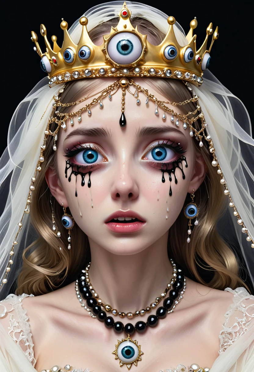 Grotesque Aesthetics：Girl with extra eyes，Tears，There are many eyeballs growing on the skin of the face，Eyeball Necklace，Eyeball Crown，Realistic eyeballs，teeth，Distorted face， Solitary，black background，crown，veil，Hands touch your face，3D eye bead necklace，
