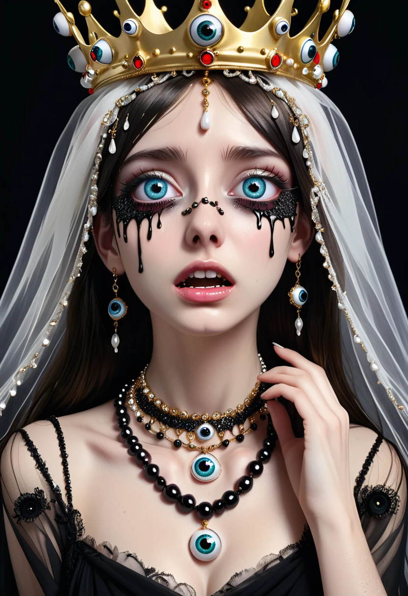 Grotesque Aesthetics：Girl with extra eyes，Tears，There are many eyeballs growing on the skin of the face，Eyeball Necklace，Eyeball Crown，Realistic eyeballs，teeth，Distorted face， Solitary，black background，crown，veil，Hands touch your face，3D eye bead necklace，
