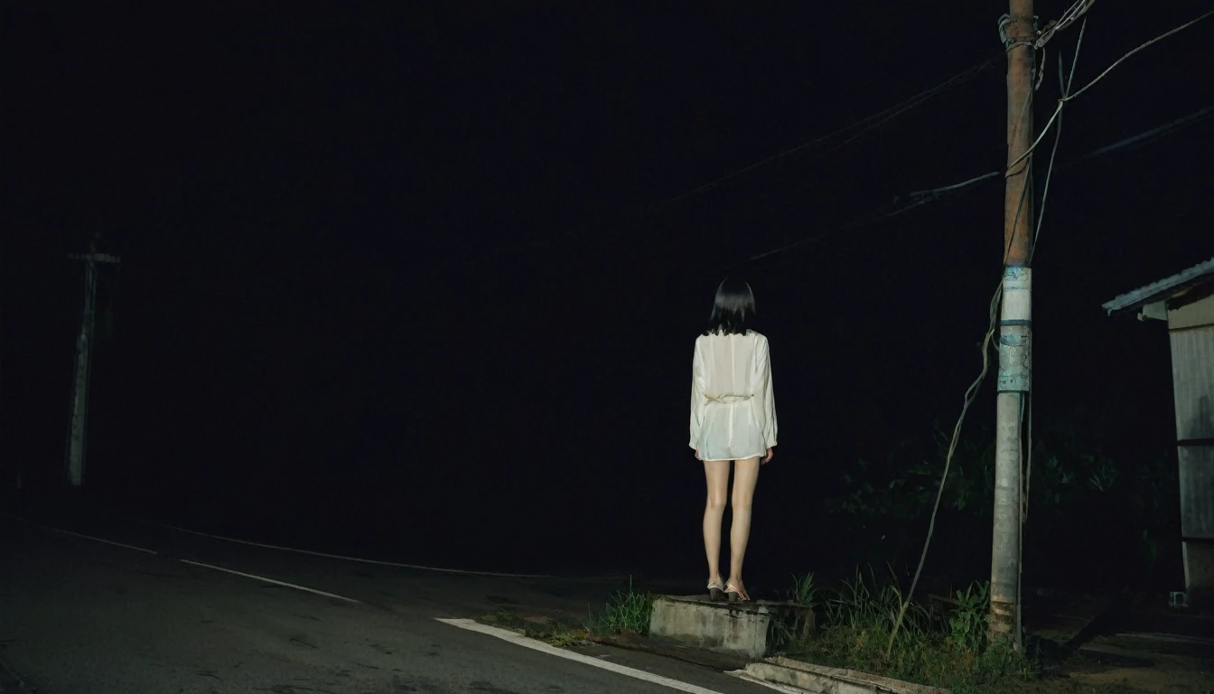 In the middle of the night、Near the electric pole、A figure stood there。A pale-faced woman。The figure is、Like an old photograph、It seems blurry、It was unnaturally clear.。