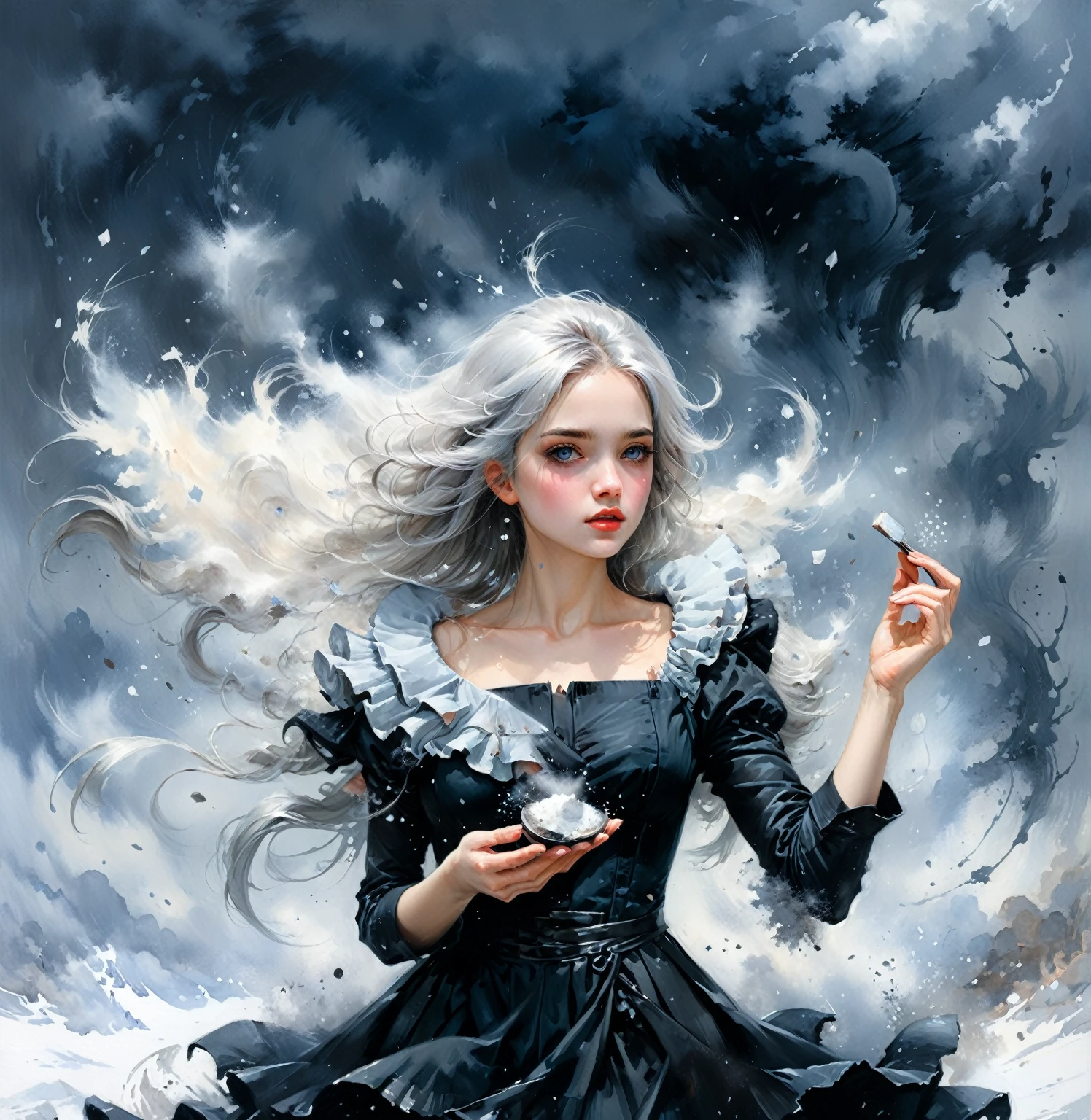 Girl portrait, a painting of a young woman holding a compact powder in both hands, that has a blizzard coming out of it. She has wild, silver-white hair that is being ruffled by the wind. She is wearing a simple black dress that is blowing in the winds. The woman's eyes are also silvery and her skin is pale sickly blue.  She is in frontal view, and holding a compact powder in both hands. With a blizzard coming out of the compact powder. Art by Albert Eckhout enchanting, full color. highly detailed beautiful face, soul, digital illustration, approaching perfection, dynamic, highly detailed, watercolor painting, artstation, concept art, smooth, sharp focus, illustration in the style of artists like Russ Mills, Sakimichan, Wlop, Lois, Art Germ, Darek Zabrocki, and Jean-Baptiste Monge, ultra HD masterpiece, award winning work
