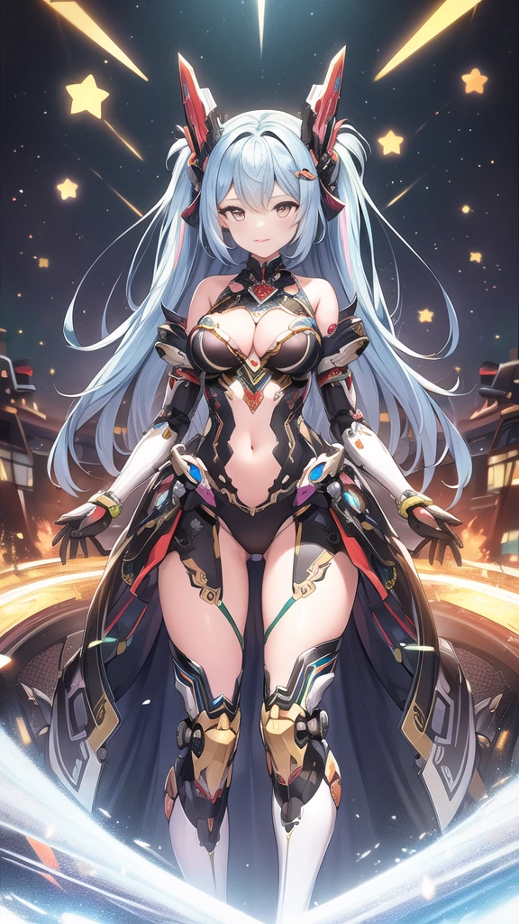 ((Masterpiece, Best Quality)), illustration, ultra-detailed 8K, realistic, clear focus, highly detailed, professional lighting, colorful details, rainbow colors BREAK factory super long shot, (1 large mechanical robot), microchip, computers, luminescence, intricate details, Shitu-mecha, 1girl downscale standing in front of the viewer, navel, Double tail