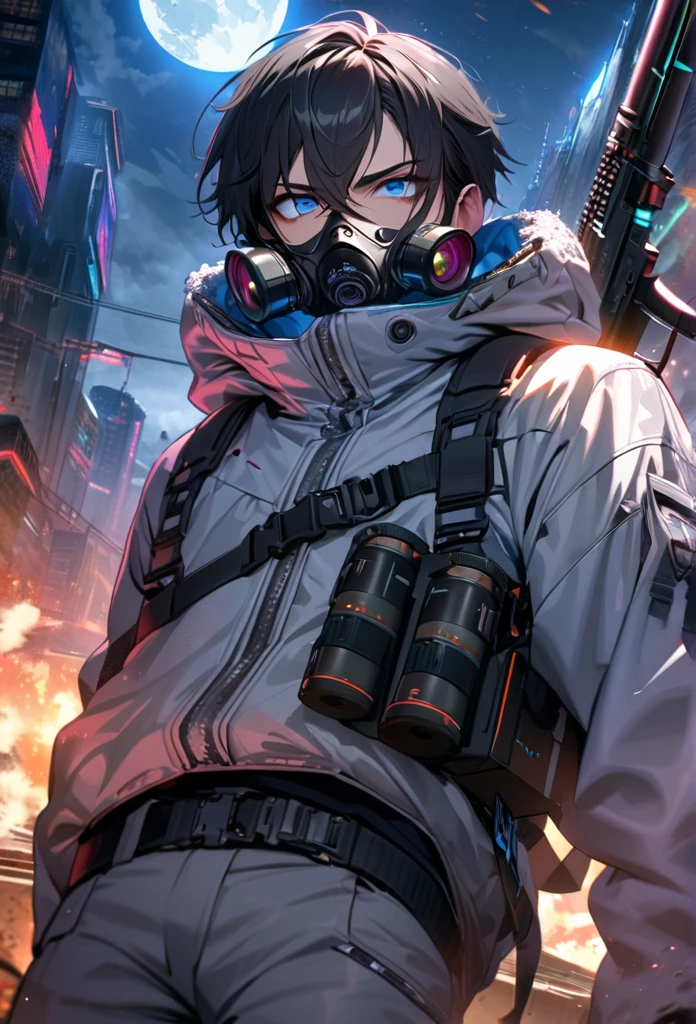 absurdres, highres, ultra detailed, HDR, master piece, best quality, extremely detailed face and eyes, black hair with short bangs, handsome,hair between the eyes, expressive blue eyes, solo, sexy man, handsome, 25
years old,silver coat, gray pants, moon, Cyber Punk,gas mask,background snow mountain,city,Man shooting automatic rifle, (muzzle explodes:1.2), (looks into sight), finely drawn automatic rifle, (turn towards the viewer), syncs body orientation and gaze, dynamic angle, serious expression, battle