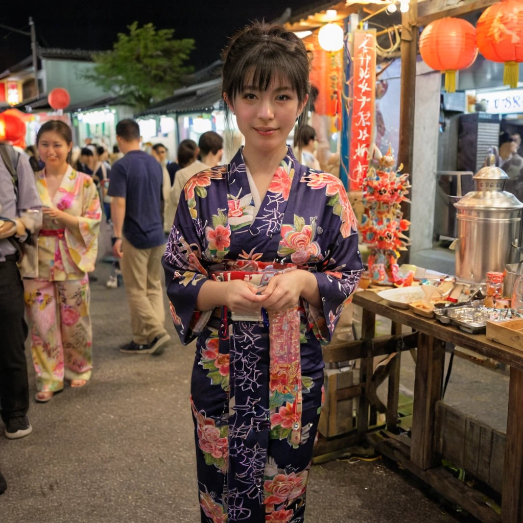 1girl in, age22, Solo, short black hair, looking at the camera, translucent white fairly skin, black hair, full body, outdoor, night, japanese street vendors, japanese festival, fireworks, (extremely detailed 8k wallpaper), soft lighting, high quality, film grain, Fujifilm XT3 sharp focus, f 5.6, 50mm, High Detail, Sharp focus, (natural light), (seductive), realistic, sexy, ((Detail eye)), ((Eye: 1.2), ((Kimono)), (breast: 1.2)