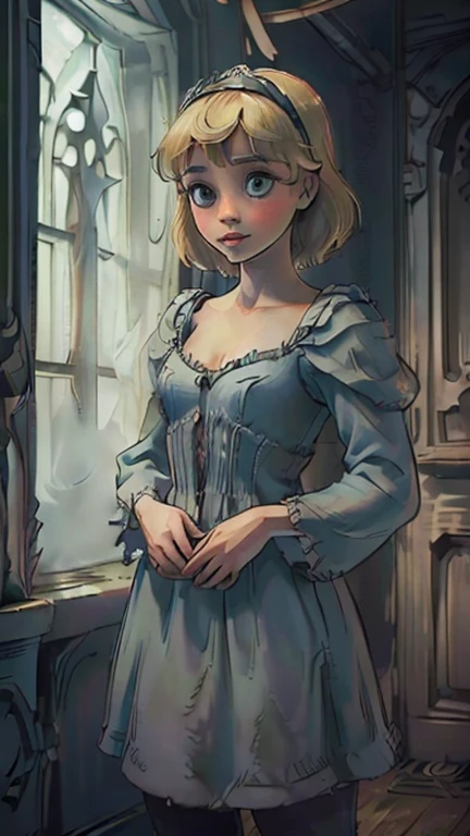 best quality,masterpiece,1girl,solo,(((13years old))),japanese girl,an extremely cute and beautiful girl,highly detailed beautiful face and eyes,petit,cute face,lovely face,baby face,shy smile,show teeth, Blonde hair,short hair,flat chest,skinny,slender,no bra,no Panties, Hairless vagina,(((wearing a sexy revealing Cinderella costume))),(((standing in reelunsettling dark indoors room))),she is looking at the viewer,gothichorrorai
