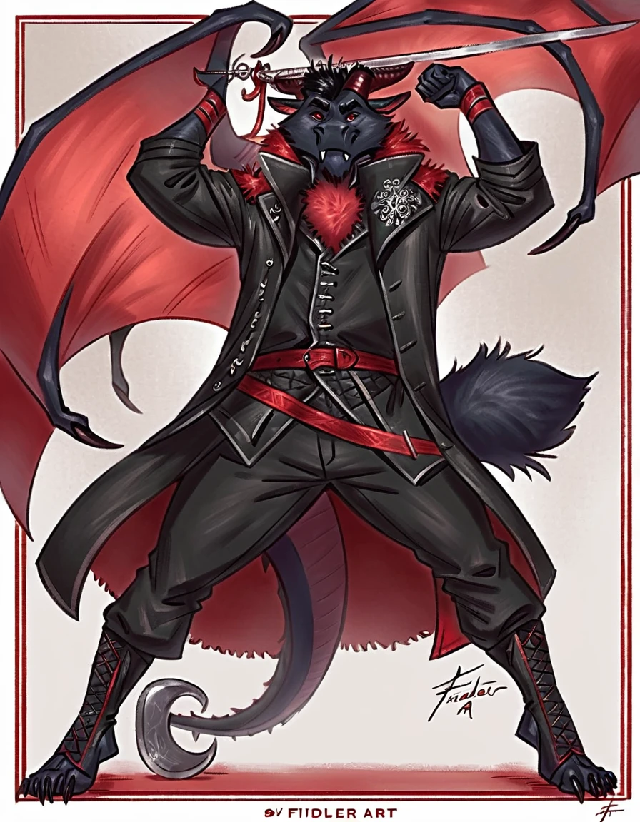 Anthropomorphic dragon his physique is achieved through a meticulous distribution of muscle and fat that creates a sense of comfort and approachability. Black scales. Black fur. Black Hair. Skin is a rich, deep black, with a subtle shimmer. His eyes are a piercing shade of Imperial red, framed by thick eyebrows. His attire, a black gambeson padded overcoat fabric vest with striking red salmon accents and intricate silver metal ornaments, is both functional and symbolic. The gambeson, a padded garment, is tailored to allow for a full range of motion, emphasizing his agility despite his size. The silver metal ornaments. Fur is predominantly black with salmon red-colored highlights. The fur on his torso and limbs is dense. His chest hair is kept at a moderate length. Large axe like fangs. Wield a slashing blade in a rapier-like's hilt. Ox guard stance pose. His predominant color is black and he got imperial red details. Anthro Artist Taran Fiddler art Style, olhos detalhados, Olhos lindos, escalas detalhadas.