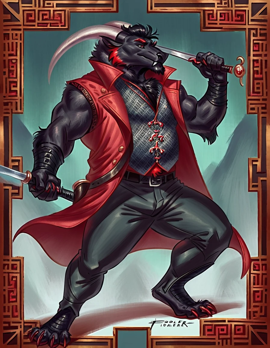 Anthropomorphic dragon his physique is achieved through a meticulous distribution of muscle and fat that creates a sense of comfort and approachability. Black scales. Black fur. Black Hair. Skin is a rich, deep black, with a subtle shimmer. His eyes are a piercing shade of Imperial red, framed by thick eyebrows. His attire, a black gambeson padded overcoat fabric vest with striking red salmon accents and intricate silver metal ornaments, is both functional and symbolic. The gambeson, a padded garment, is tailored to allow for a full range of motion, emphasizing his agility despite his size. The silver metal ornaments. Fur is predominantly black with salmon red-colored highlights. The fur on his torso and limbs is dense. His chest hair is kept at a moderate length. Large axe like fangs. Wield a slashing blade in a rapier-like's hilt. Ox guard stance pose. His predominant color is black and he got imperial red details. Anthro Artist Taran Fiddler art Style, olhos detalhados, Olhos lindos, escalas detalhadas.
