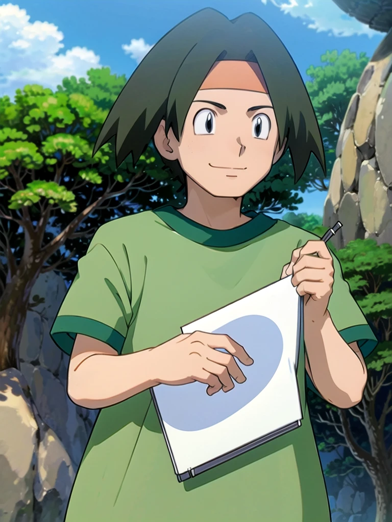Tracey, solo, smile, shirt, 1boy, closed mouth, upper body, male focus, outdoors, sky, cloud, black eyes, green shirt, anime coloring
