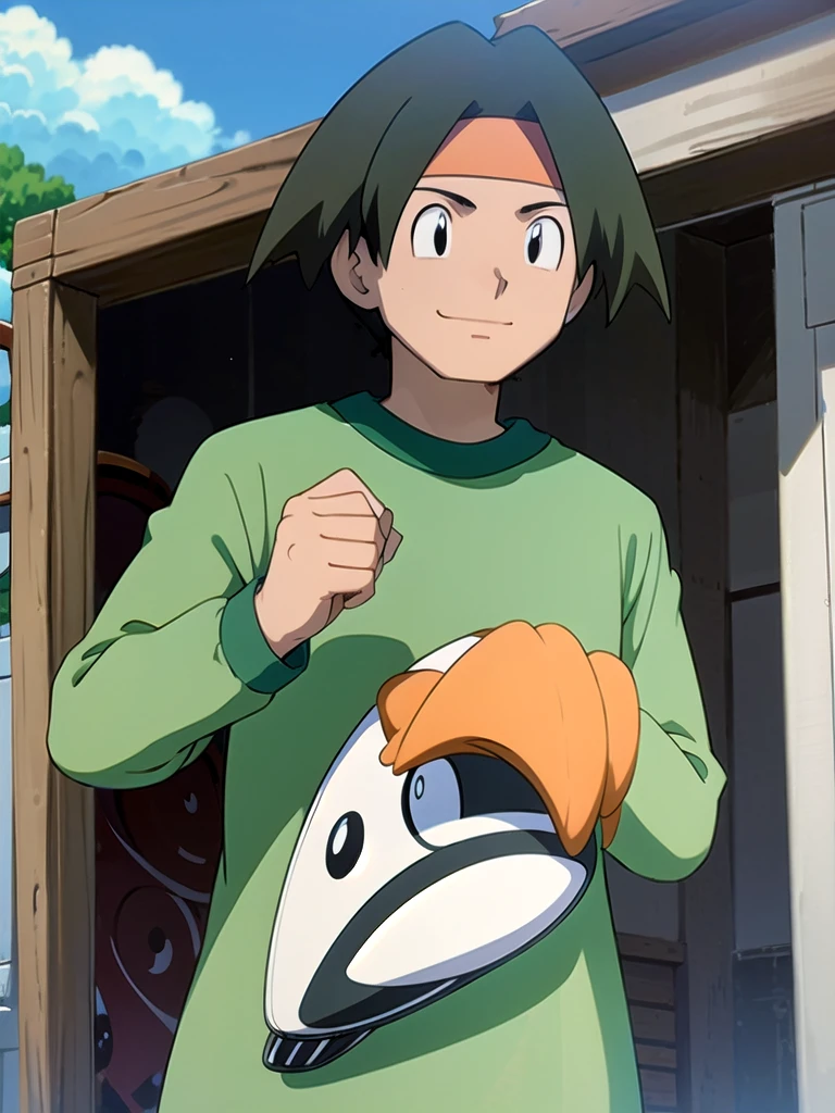 Tracey, solo, smile, shirt, 1boy, closed mouth, upper body, male focus, outdoors, sky, cloud, black eyes, green shirt, anime coloring