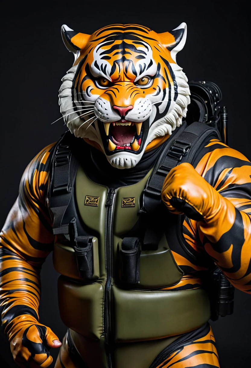 (a dark-skinned fat muscular old man in a bulky camouflage zipper diver suit) shooting with a gun and (wearing roaring siberian tiger mask that show the wearer eyes), muscular, Basuki Abdullah, sumatraism, action, a character portrait, heroic, fierce, snarling, raising fist