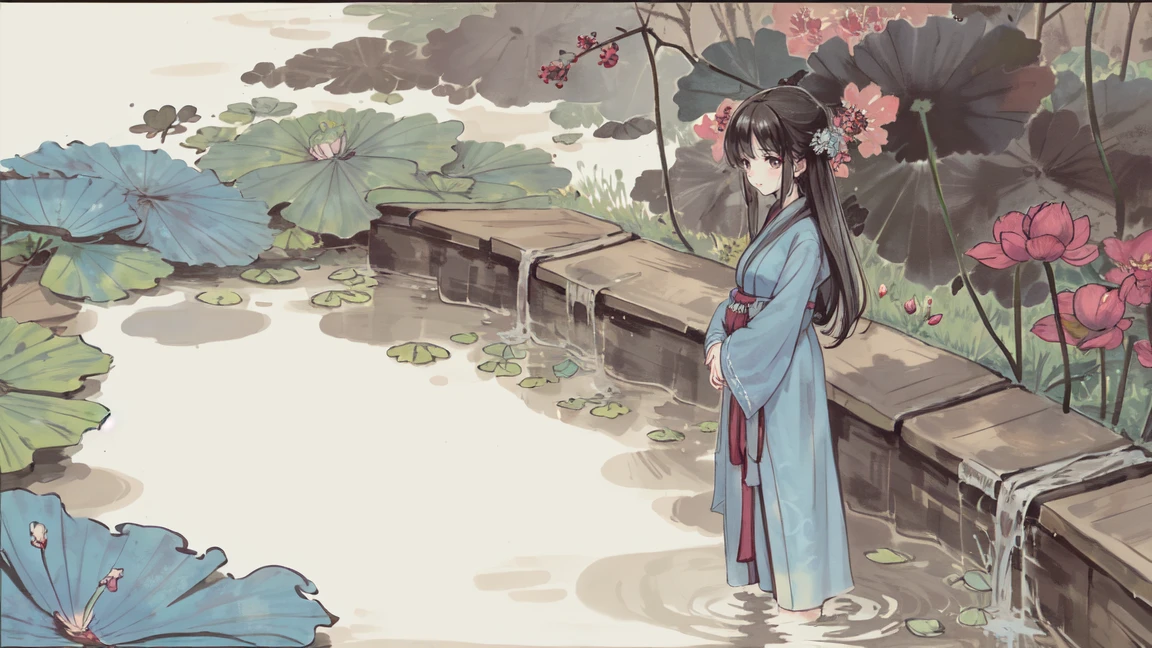 ((4K,masterpiece,Highest quality)), Shui Movissim, Traditional Chinese Ink Painting, Lotus,  Hanfu, Maxi Kit, A girl dressed modestly, alone, Long Blue Hair, smile, Are standing, Soak your feet in water, barefoot,
 