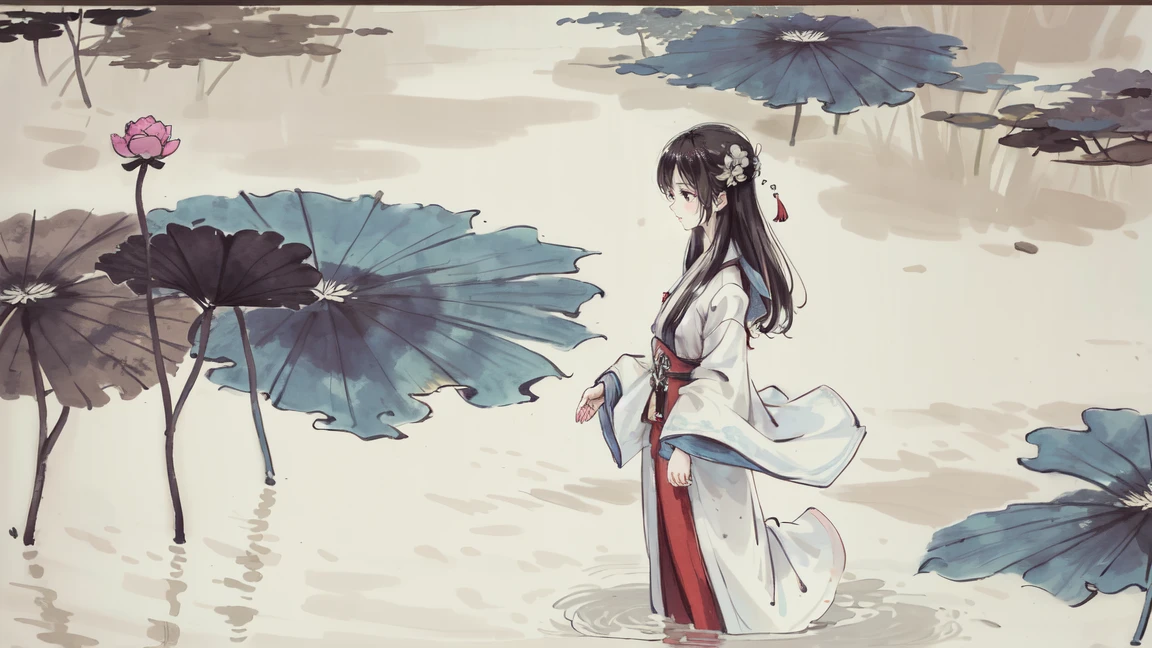 ((4K,masterpiece,Highest quality)), Shui Movissim, Traditional Chinese Ink Painting, Lotus, Hanfu, Maxi Kit, A girl dressed modestly, alone, Long Blue Hair, smile, Are standing, Soak your feet in water, barefoot,