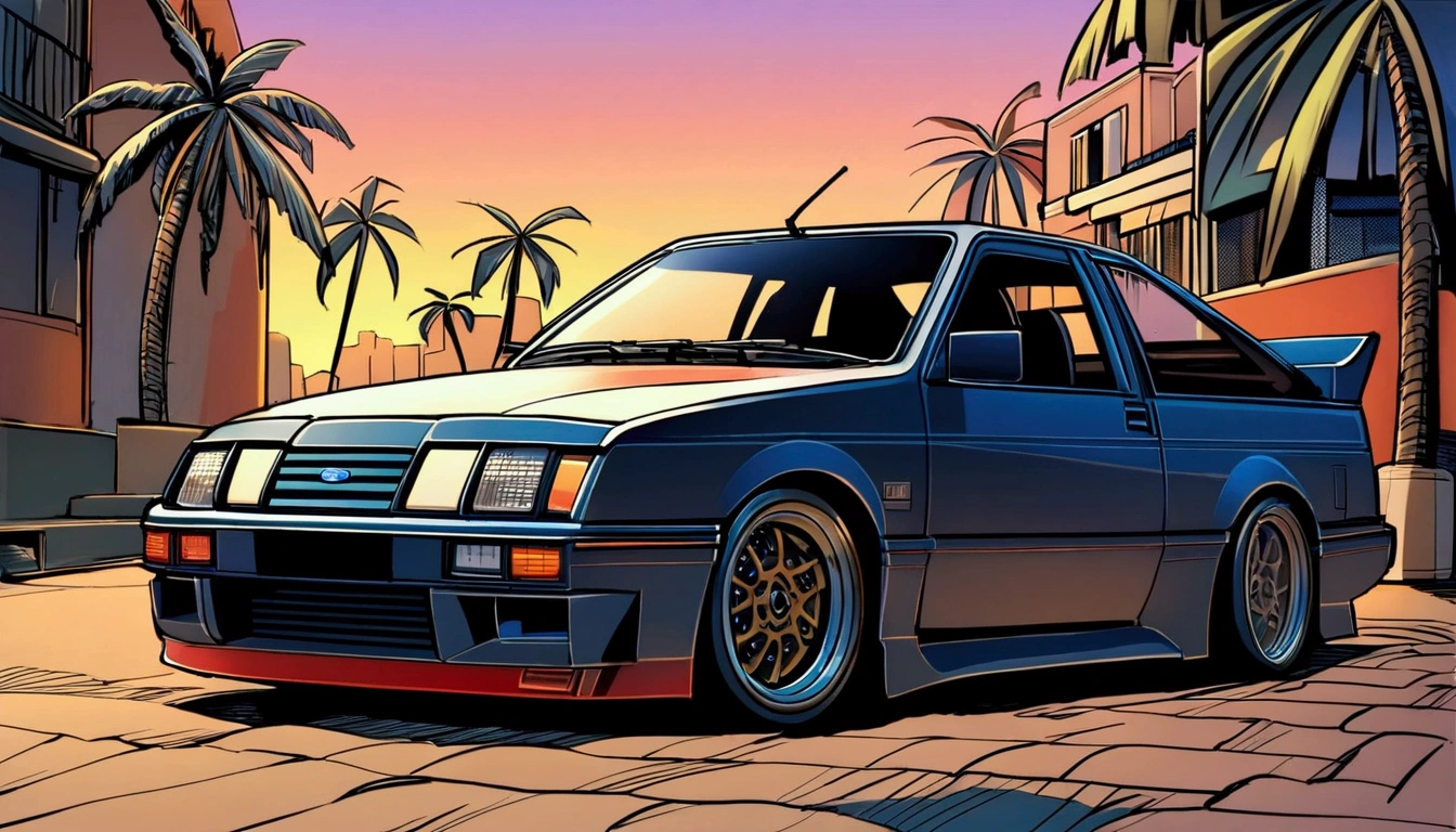 ((ＴShirt Design)), Ford Sierra RS Cosworth(1985), Sunset background, Palm tree, Layers with 5 colors, Corner Street, Belek's Drums, Plethean, 