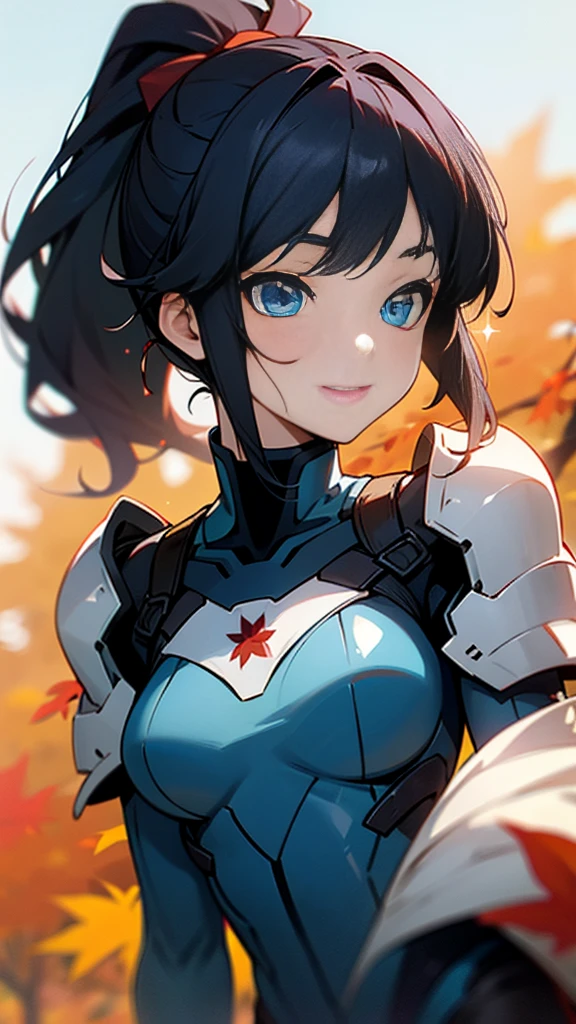 One girl、alone、Anime-style paintings、Sparkling Blue Eyes、Black Hair、ponytail、armor、Blue bodysuit、Upper body close-up、Wicked Smile、Perfect lighting、Autumnal leaves々、Momiji Park、Background Blur, Written boundary depth