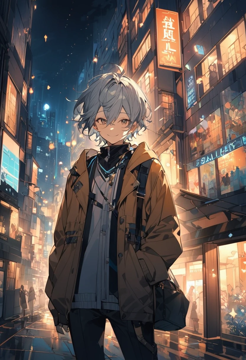He lives in the same building as him.,All looking at the same earth,Different hearts, the same loneliness,lit city,It seems that the person opposite is just like you, always smiling slightly,That's his love。