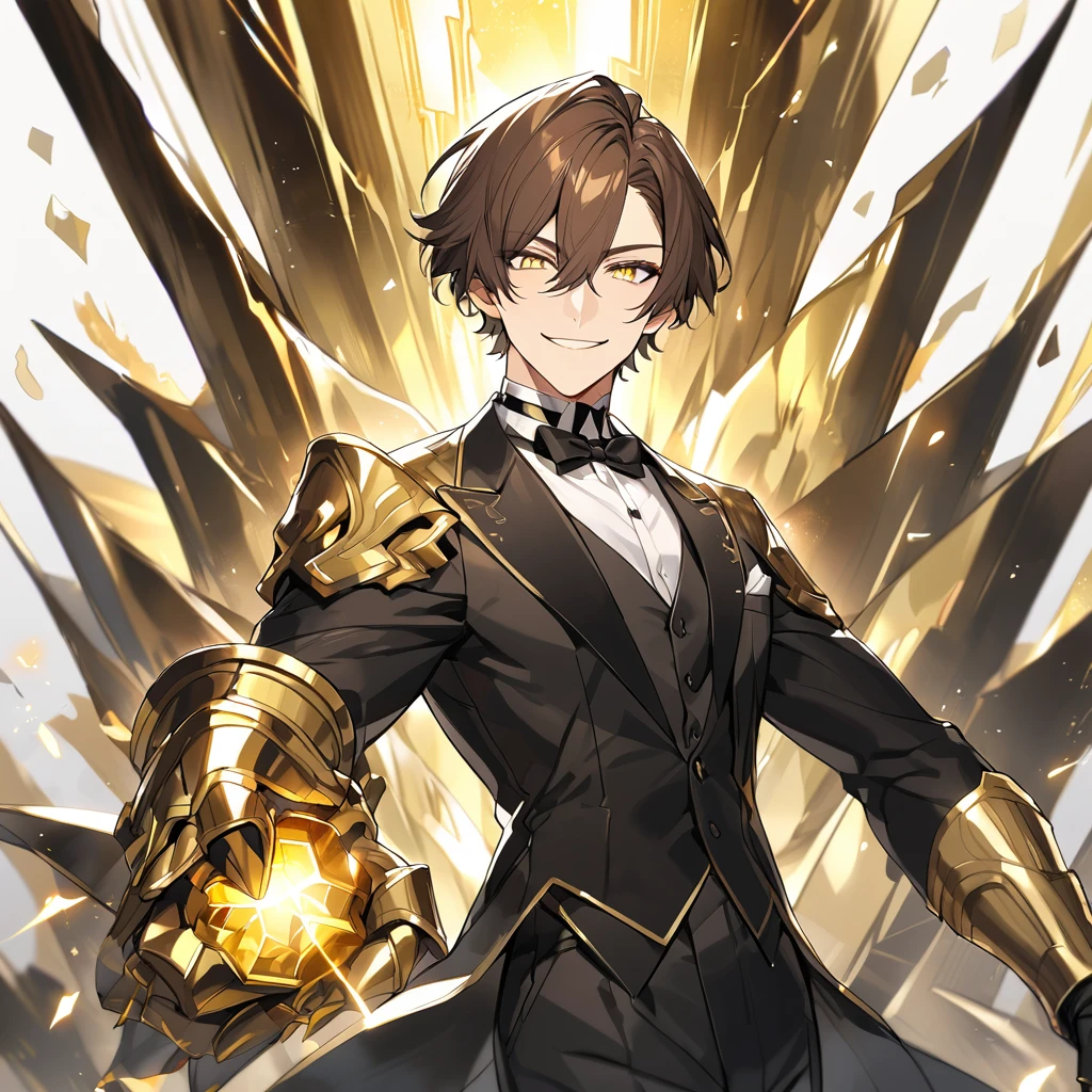 Handsome, solo, male, short hair, brown hair, hair middle part, yellow eyes, smile facial, black tuxedo, red accents, white trim on tuxedo, black pant, giant gold gauntlets, golden energy