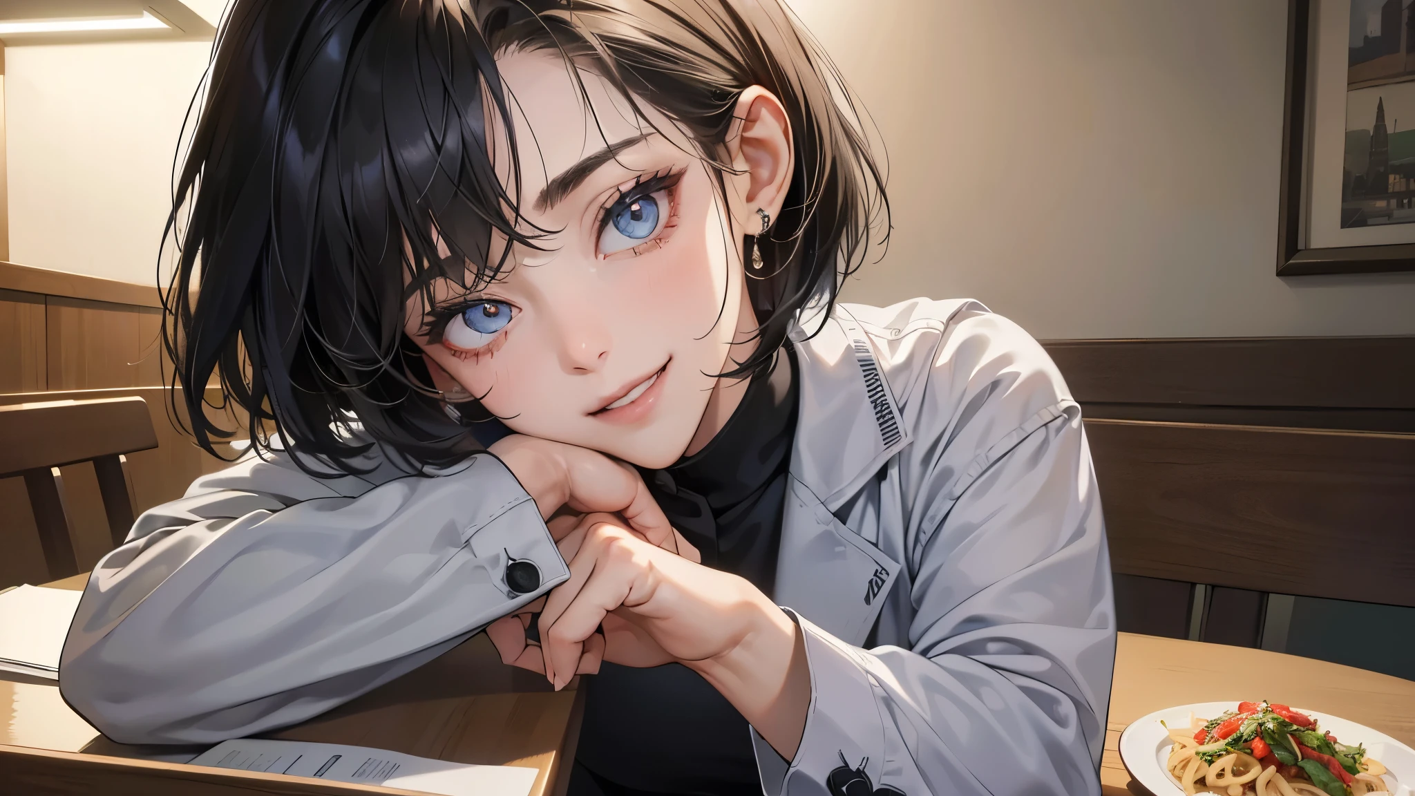 (perfect anatomy:1.2)(absurdres, highres, ultra detailed),masterpiece,best quality,high resolution,8k,Realistic face,Realistic skin texture,magnified textures, stunning clarity,detailed anime girl,(ultra detailed eyes and face),(1 girl:1.2)21years old,she is office worker,lunch time,Italian restaurant in a Japanese district,smile,grin:1.2,black hair, bob cut,natural make,grey jacket and pants,white brouse,light look at winfows,sparkling eyes.small nose,roundface,She looks happy,upper body,Italian restaurant Eating pasta happily