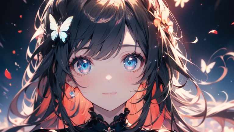 (masterpiece)、(Highest quality)、Highly detailed face、Anime Women、1 female、Smart clothing、Straight Long Hair、Lots of flowers、butterfly々、petal