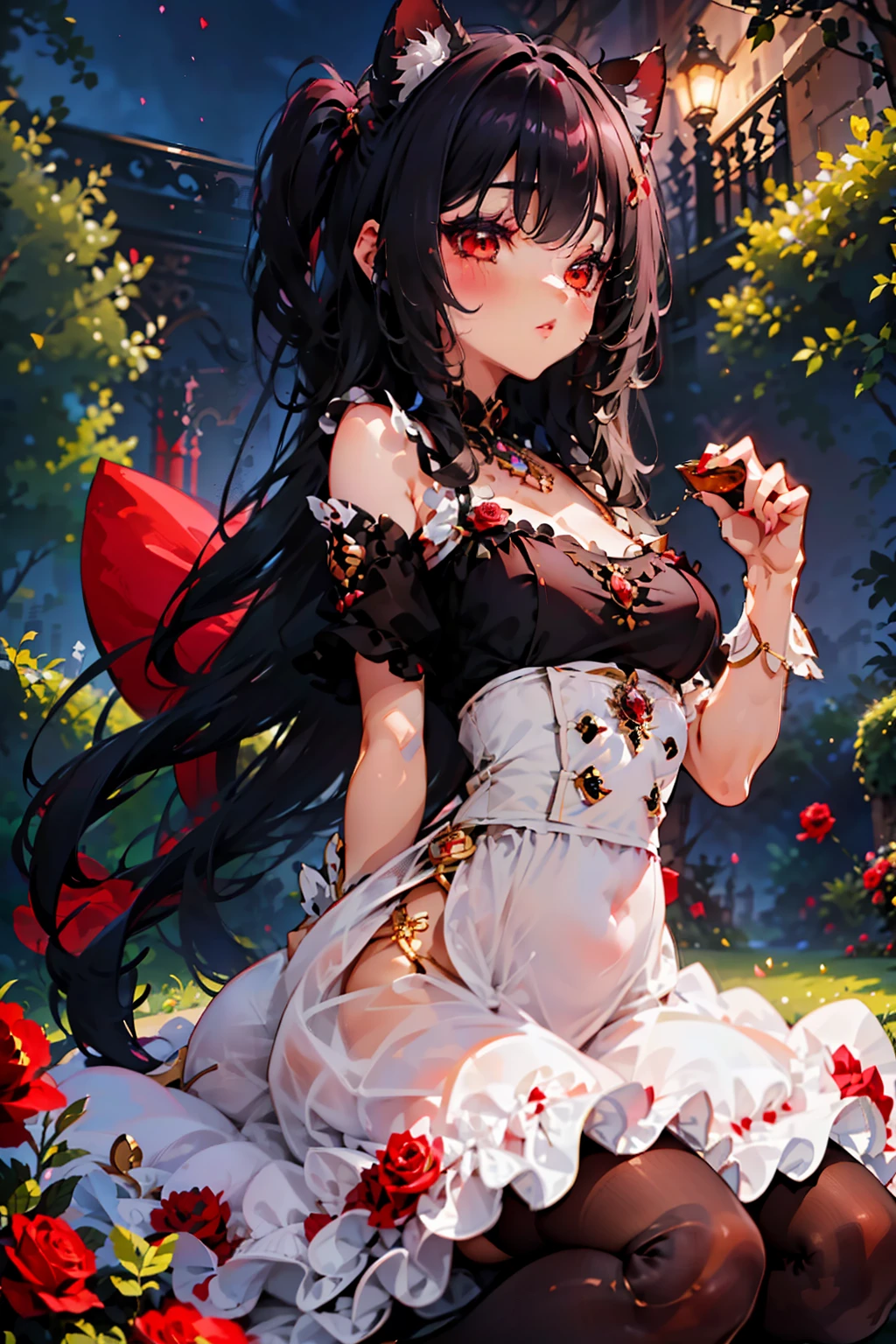 (junkotvv cabello negro con orejas de gato y ojos rojos), The most beautiful rose bush imaginable and an incredibly elegant young woman, magnificently coiffed, spectacularly made up and wearing a dazzlingly fabulous dress. In a dreamlike garden on a magical evening. (obra maestra) (mejor calidad)