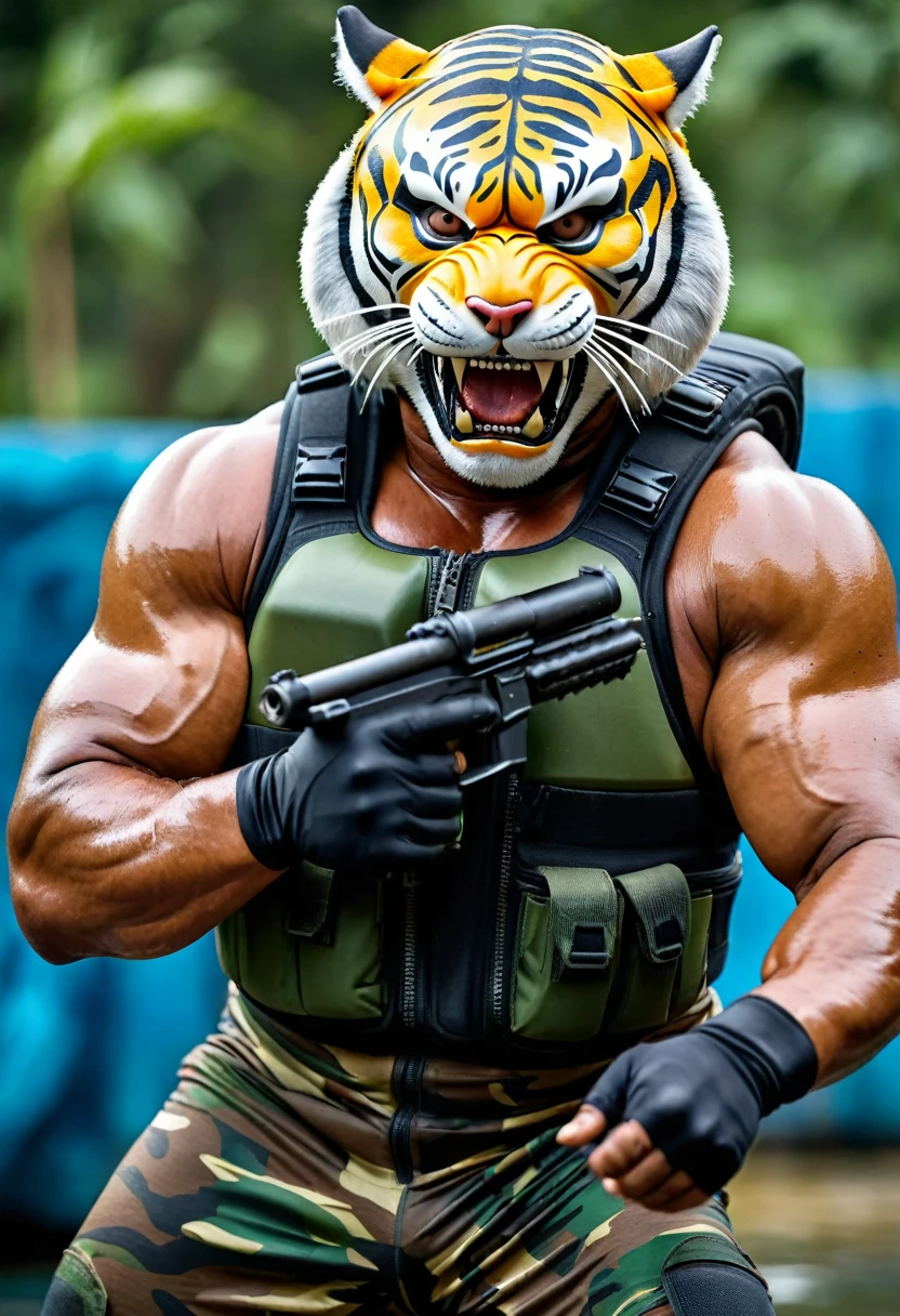 (a dark-skinned fat muscular old man in a bulky camouflage zipper diver suit) shooting with a gun and (wearing roaring siberian tiger mask that show the wearer eyes), muscular, Basuki Abdullah, sumatraism, action, a character portrait, heroic, fierce, snarling, flexing his biceps