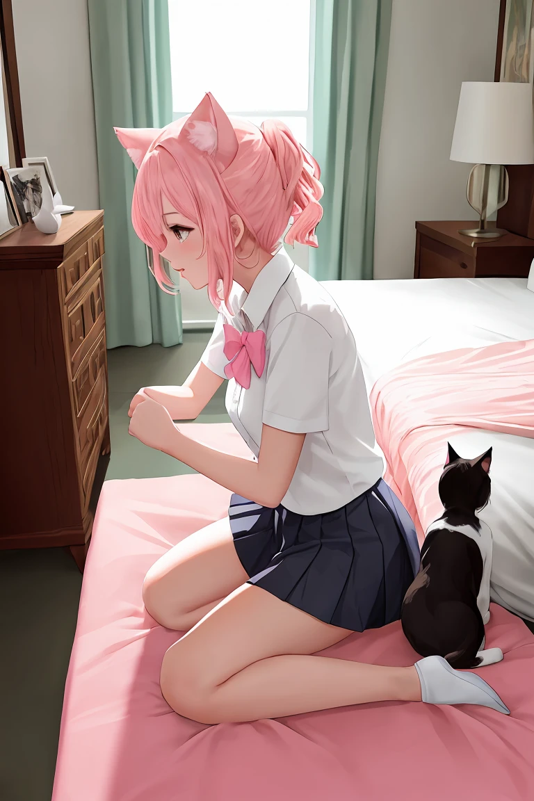 (score_9,score_8_up,score_7_up,score_6_up,score_5_up,score_4_up),masterpiece, top quality, best quality, official art, beautiful and aesthetic, animation, , 1girl with cat ear, perfect figure, pink hair, complicated details, bedroom, sitting on the bed, white shirt, pink pleated skirt ,