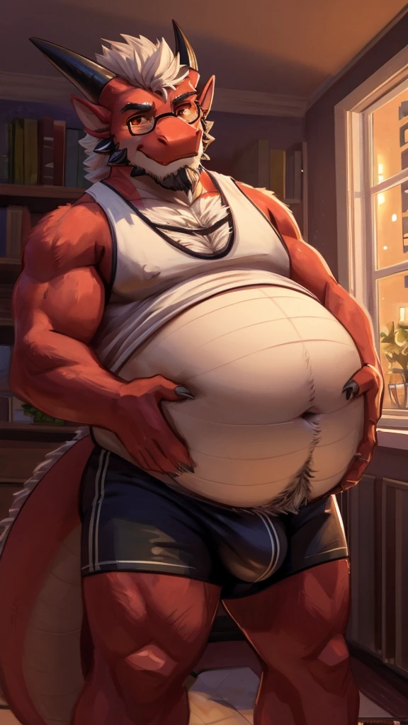 Anthro dragon with red fur and a beige underbelly, white mane, very big bushy white beard, old, chest hair, orange eyes, black horns and claws, large, not muscular, overweight, chubby, fat, navel, big belly, belly, giant belly, bloated belly, bulging belly, vore, gurgling belly, digesting, green gurgle lines around belly. Lazy, dad, daddy, dilf, bara, adult, aroused. Standing up, holding belly, smirking, looking down at POV. Wearing white tank top, black underwear with bulge, glasses, dragon tail. Night time, midnight, cozy lights, apartment, lofi. Upward composition.