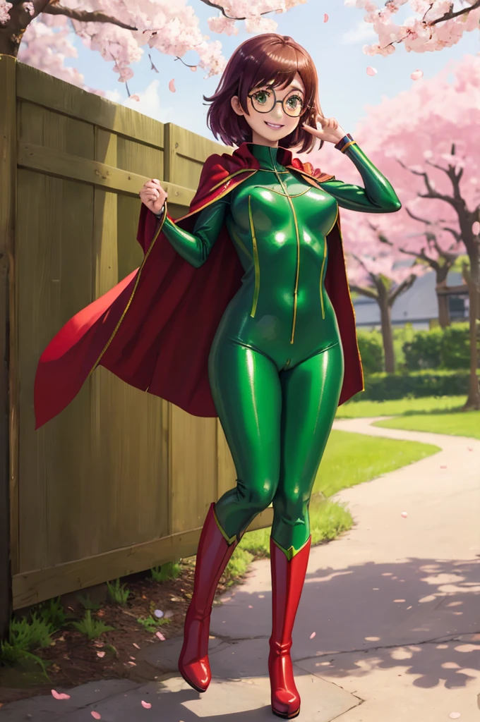 masterpiece, best quality:1.2), 1girl, smile, looking at viewer, green eyes, yuzuriha maimai, glasses, dressed as superwoman, full bodysuit, green catsuit, red cloak cape, red boots, standing in park under cherry blossoms