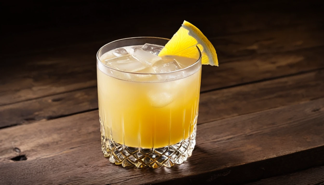 image of Whiskey Sour with aesthetic wooden table background, focus image in center