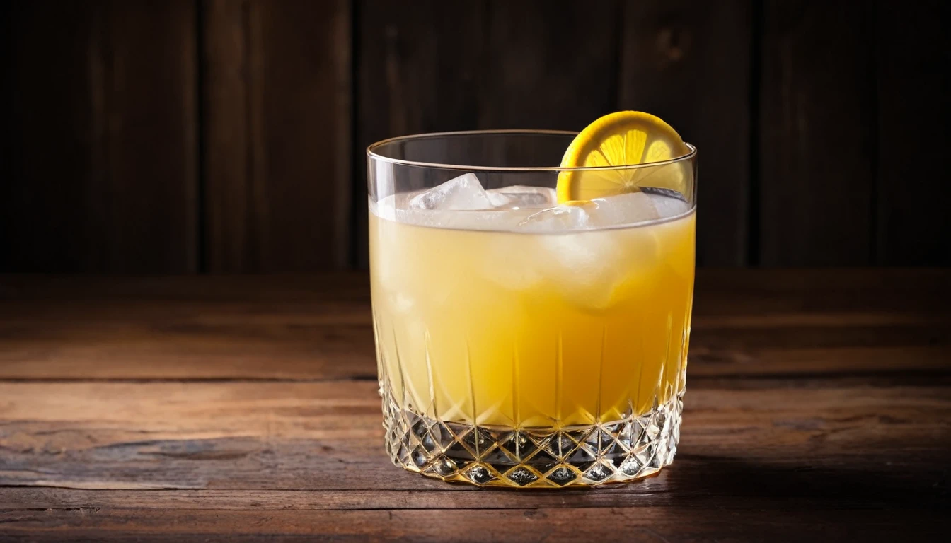 image of Whiskey Sour with aesthetic wooden table background, focus image in center