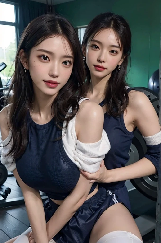 (very huge round breasts:1.5), (gym uniform:1.5), anatomically correct, extremely delicate and beautiful, masterpiece, Best Quality, ultra high resolution, 16k, hyperrealistic, ultra-detailed, Very detailed CG 8k wallpaper, Beautiful Lighting, Perfect Lightning, Realistic Shadows, super Detailed shiny skin, perfect figure, Japanese woman, late 20s, Slim body, Slim abdomen, very small head, handsome detailed woman, very detailed eyes and face, realistic face proportions, Stunning detailed eyes, Realistic beautiful face, very small face, Realistic small beautiful eyes, double eyelids, makeup, tearful mole, mole on chest, earring, short wavy hair, cleavage, bare legs, Soft midriff, Fine Collarbone, beautiful and very thin legs, beautiful and very thin thighs, off-shoulder, narrow waist,