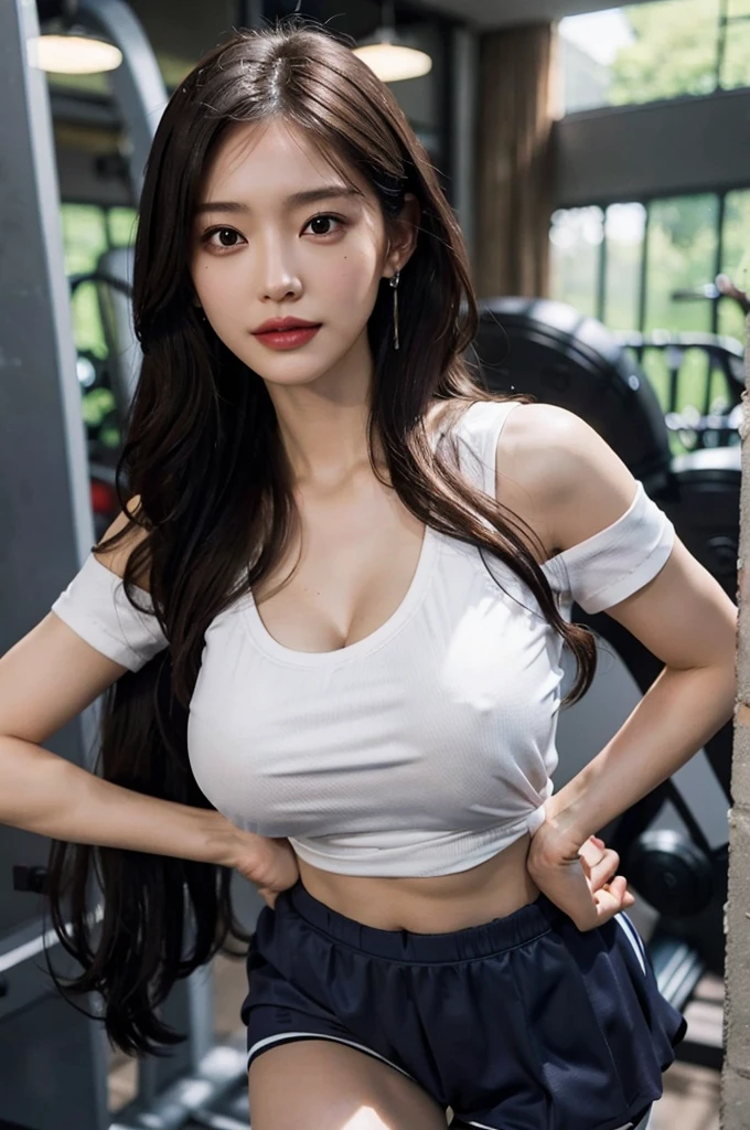 (very huge round breasts:1.5), (gym uniform:1.5), anatomically correct, extremely delicate and beautiful, masterpiece, Best Quality, ultra high resolution, 16k, hyperrealistic, ultra-detailed, Very detailed CG 8k wallpaper, Beautiful Lighting, Perfect Lightning, Realistic Shadows, super Detailed shiny skin, perfect figure, Japanese woman, late 20s, Slim body, Slim abdomen, very small head, handsome detailed woman, very detailed eyes and face, realistic face proportions, Stunning detailed eyes, Realistic beautiful face, very small face, Realistic small beautiful eyes, double eyelids, makeup, tearful mole, mole on chest, earring, short wavy hair, cleavage, bare legs, Soft midriff, Fine Collarbone, beautiful and very thin legs, beautiful and very thin thighs, off-shoulder, narrow waist,