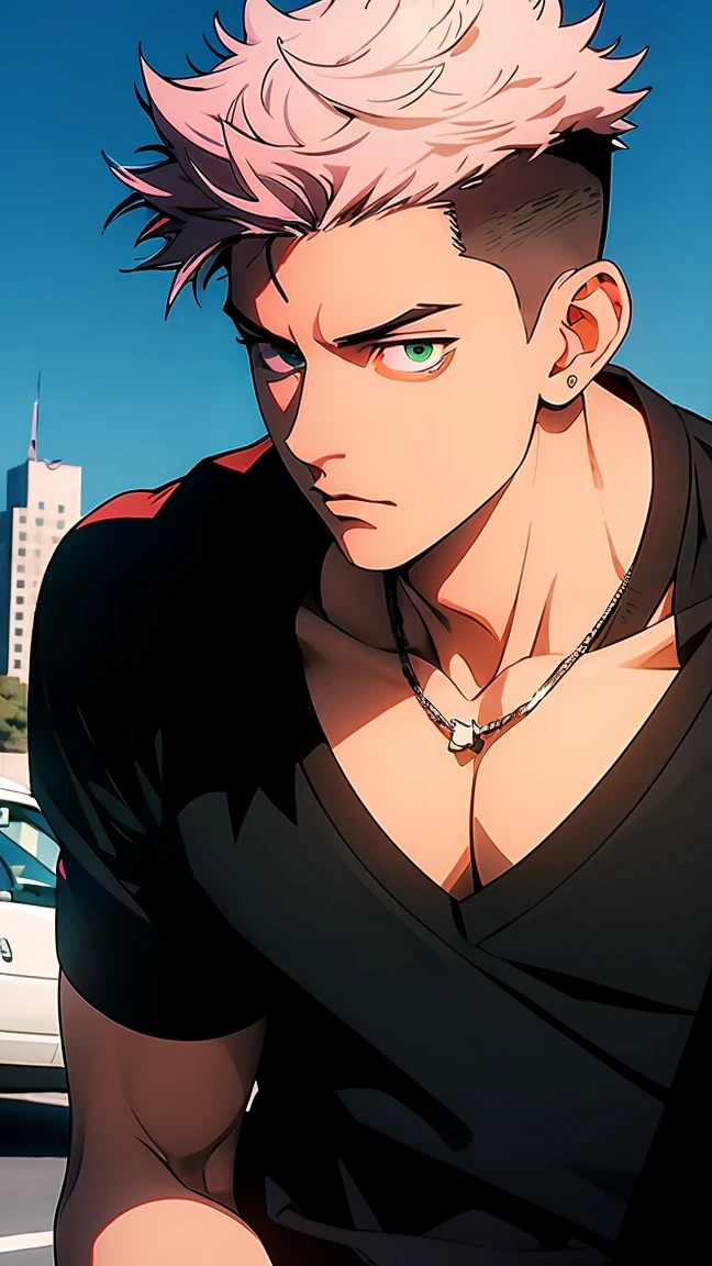 highest quality, 8K, high resolution image, anime style Jujutsu Kaisen, (Ryomen Sukuna), detailed strokes, bored look , blurred, purple light reflecting from it, (close angle), 1 man, young, male, model, hand in pocket, cool guy, multicolored Background with various geometric shapes, around stickers, muscular, dark pink hair, spiky hair , short Hair, swollen chest, green Eyes, withe shirt, black sweater, sweatpants, Background: big City, Streets, Park, People, blue sky, Cars, Bike