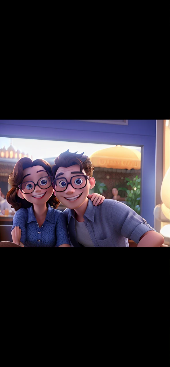 Disney Style Couple With Glasses Smiling In Restaurant.