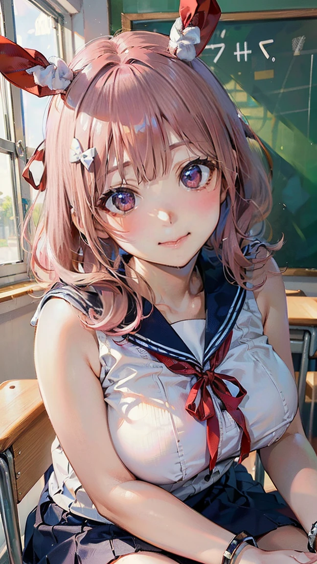 (Masterpiece, BestQuality:1.3), (ultra detailed:1.2), (hyperrealistic:1.3), (RAW photo:1.2), High detail RAW color photo, professional photograph, (Photorealistic:1.4), (realistic:1.4), (Pink Hair:1.5), professional lighting, perfect anatomy, (Big Breasts:1.2), (blush, detailed face), (A happy smile:1.7), sexly, erotic sexly, Random sexy gravure poses, (Navy blue sailor suit with red ribbon、White socks、Smiling and sitting at a desk in a school classroom。Shiny silver bracelet。:1.3)