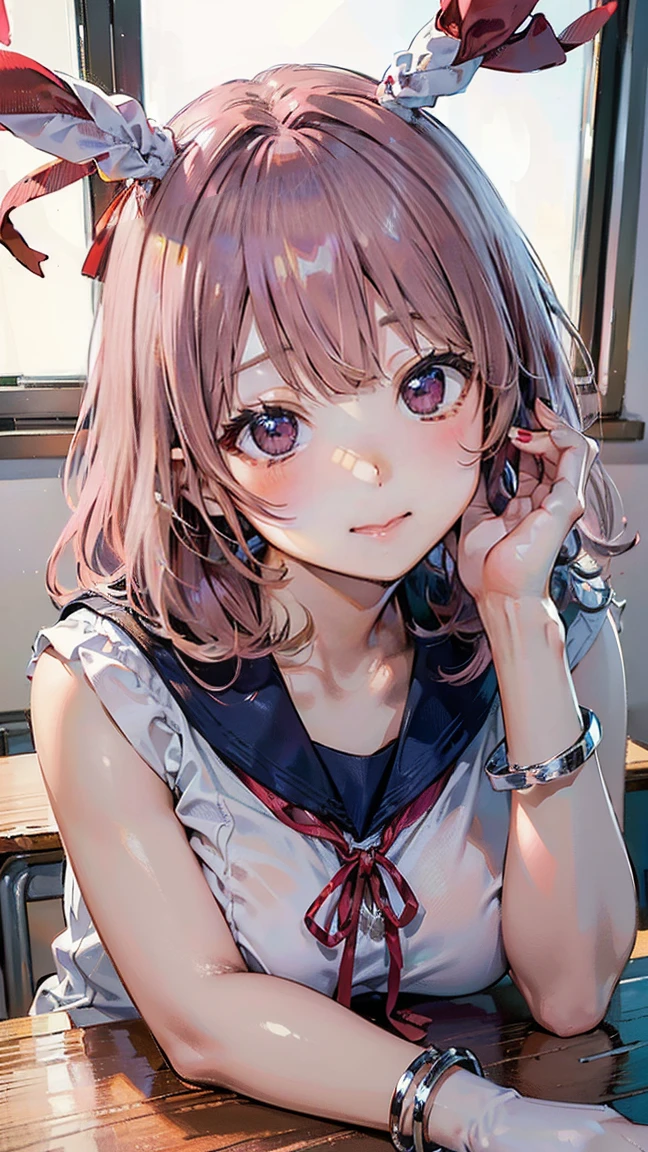 (Masterpiece, BestQuality:1.3), (ultra detailed:1.2), (hyperrealistic:1.3), (RAW photo:1.2), High detail RAW color photo, professional photograph, (Photorealistic:1.4), (realistic:1.4), (Pink Hair:1.5), professional lighting, perfect anatomy, (Big Breasts:1.2), (blush, detailed face), (A happy smile:1.7), sexly, erotic sexly, Random sexy gravure poses, (Navy blue sailor suit with red ribbon、White socks、Smiling and sitting at a desk in a school classroom。Shiny silver bracelet。:1.3)