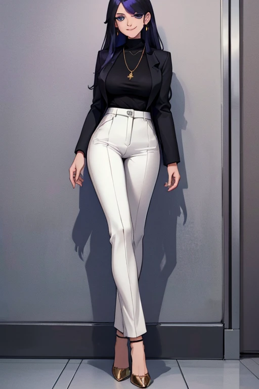 female, pale purple long hair, blue eyes, (((1girl))), (((black blazer))), (white turtleneck shirt), (tan pants), (black heels), (necklace with gold pendant), cute and sexy, full body, big breasts, long legs, smiling