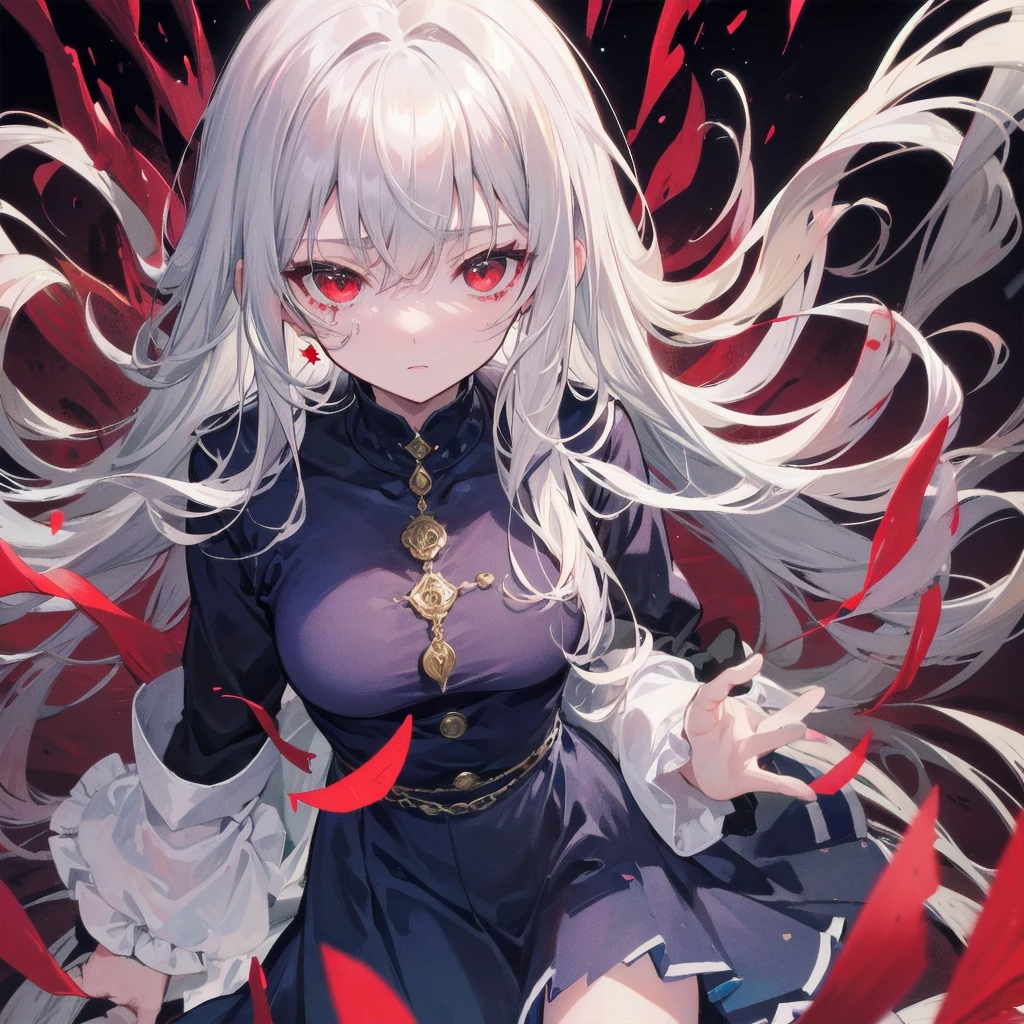 A once-in-a-millennium masterpiece, A photo that can never be taken again, Absurd high resolution, (Expressionless), (Red tears flow from the eyes:1.2), vampire, woman, Silver Hair, Red eyes, Big eyes that draw you in, White clothes, Red dyed clothes,There are red spots all over, Red from the mouth,Cowboy Shot、From above、Tabletop