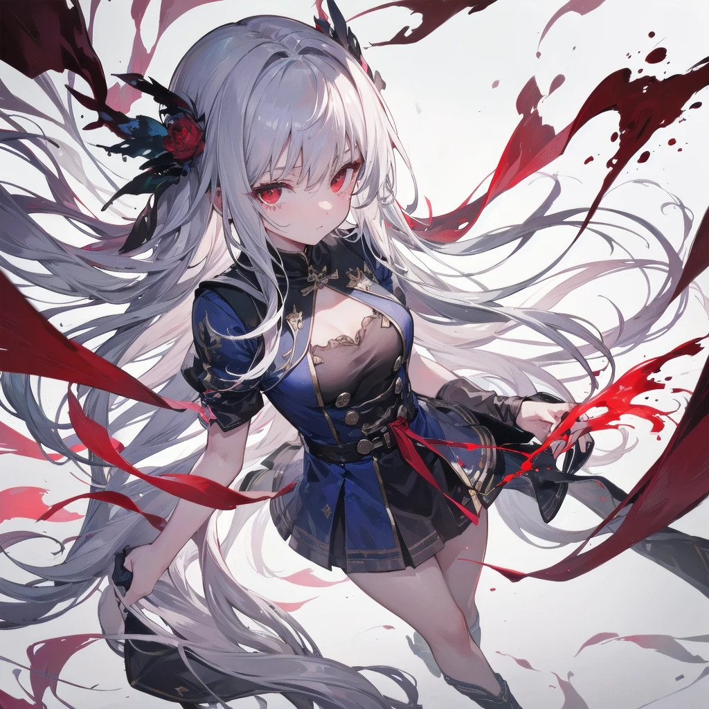 A once-in-a-millennium masterpiece, A photo that can never be taken again, Absurd high resolution, (Expressionless), (Red tears flow from the eyes:1.2), vampire, woman, Silver Hair, Red eyes, Big eyes that draw you in, White clothes, Red dyed clothes,There are red spots all over, Red from the mouth,Cowboy Shot、From above、Tabletop