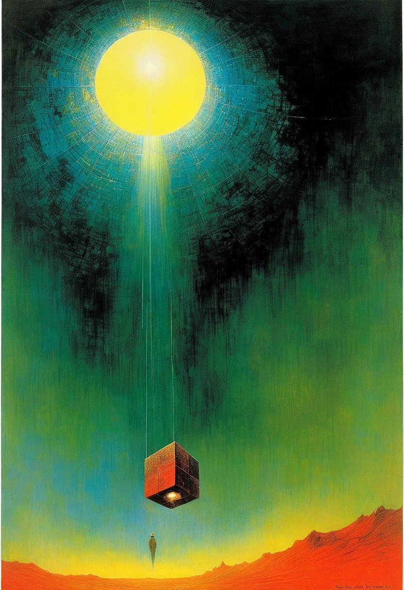 transparent cubes，Old sci-fi posters, author：Zsław Beksinski 和 Jean.Gillot