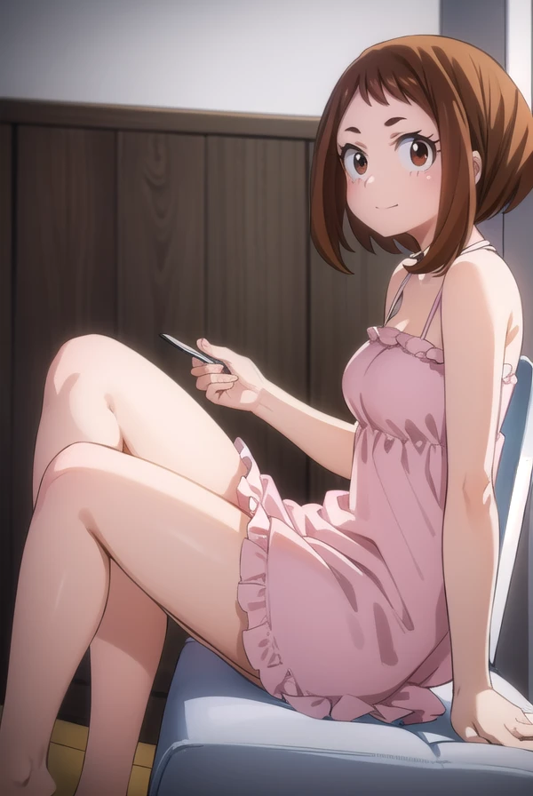 ochakouraraka, ochako uraraka, (uraraka ochako:1.5), (brown eyes:1.5), brown hair, short hair, blush, blush stickers, smile,
BREAK bare shoulders,pink dress,pink pajamas,bare shoulders,medium breasts,bare legs,cleavage,frilled dress,collarbone,bare foot,panorama,BREAK looking at viewer,BREAK (masterpiece:1.2), nsfw, best quality, high resolution, unity 8k wallpaper, (illustration:0.8), (beautiful detailed eyes:1.6), extremely detailed face, perfect lighting, extremely detailed CG, (perfect hands, perfect anatomy),back shot,