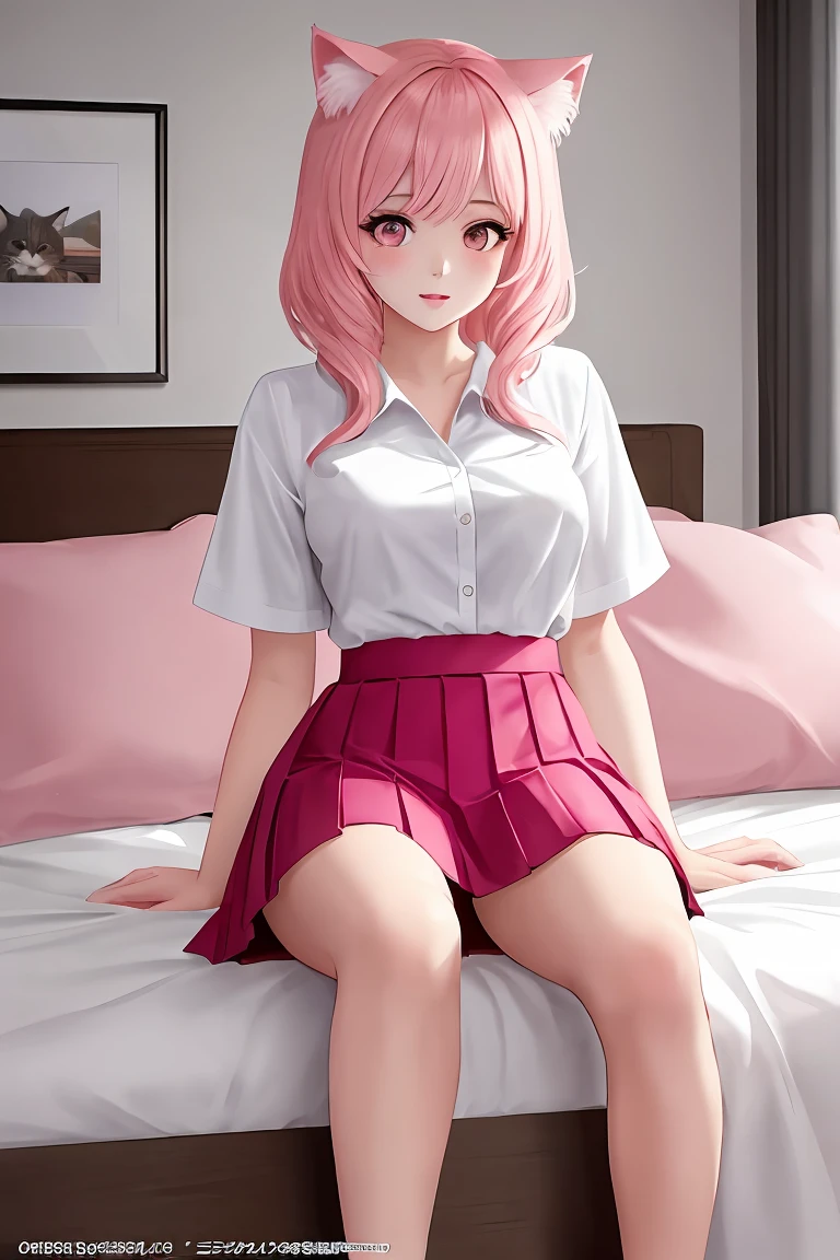 (score_9,score_8_up,score_7_up,score_6_up,score_5_up,score_4_up),masterpiece, top quality, best quality, official art, beautiful and aesthetic, animation, , 1girl with cat ear, perfect figure, pink hair, complicated details, bedroom, sitting on the bed, white shirt, pink pleated skirt ,