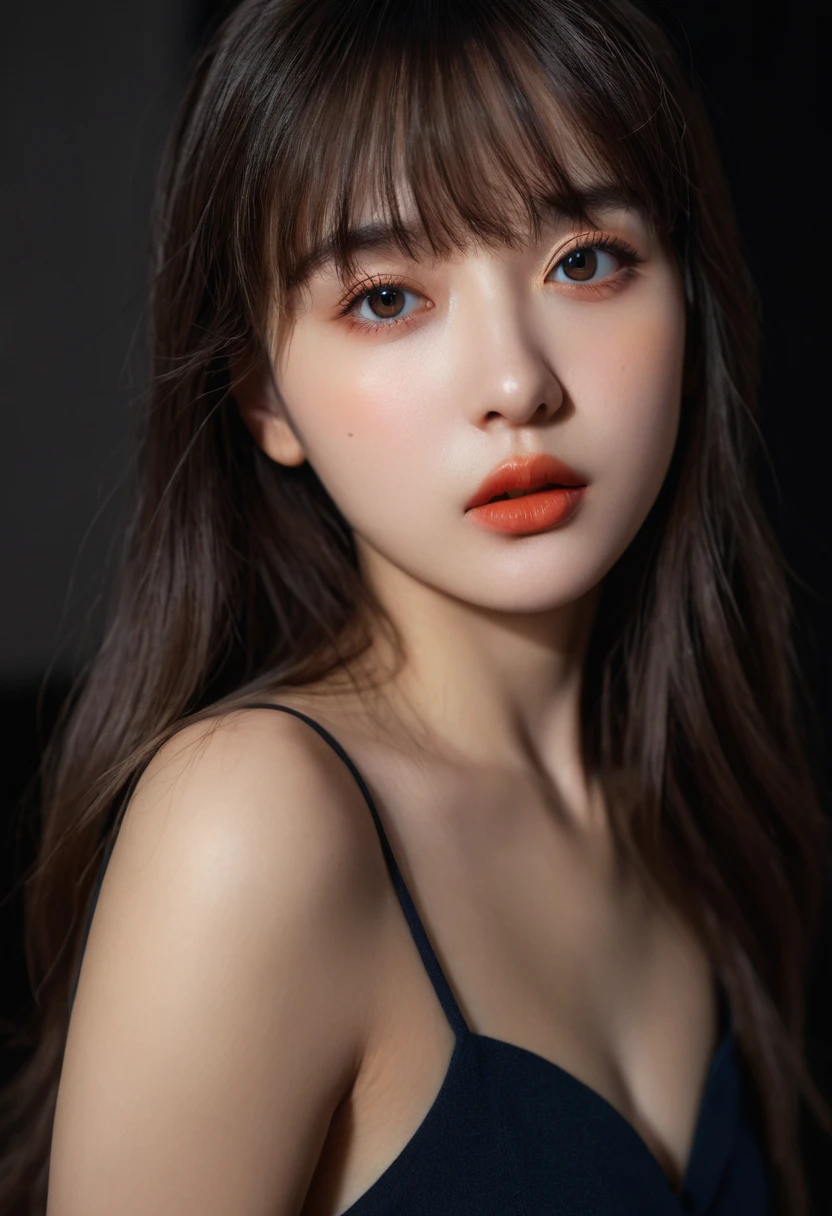 8K, best quality, 1 Girl, (Skin Indentation), night, (dark), Indoor clear background, (people), Beautiful bangs, Gorgeous,, (Clothing and:1.3),Soft lighting, attractive, dark Room, (mouth close:1.2, beautiful eyes, Delicate eyes, Detailed iris, Beautiful lips, Beautiful nose, Pretty Face),(primary color:1.5)