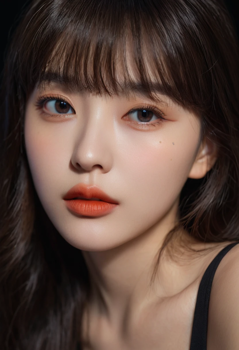 8K, best quality, 1 Girl, (Skin Indentation), night, (dark), Indoor clear background, (people), Beautiful bangs, Gorgeous,, (Clothing and:1.3),Soft lighting, attractive, dark Room, (mouth close:1.2, beautiful eyes, Delicate eyes, Detailed iris, Beautiful lips, Beautiful nose, Pretty Face),(primary color:1.5)